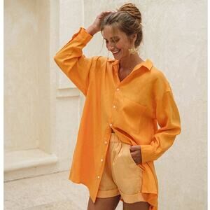 Rove Yellow Gold Long Summer Button Down Shirt Minimalist Linen Women's size XS